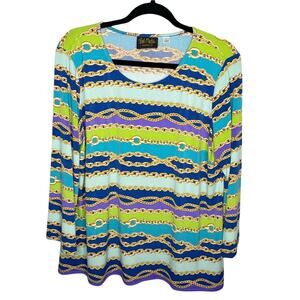 Bob Mackie Bright Chain-Stripe Long Sleeve Top - Blue, Green, Purple